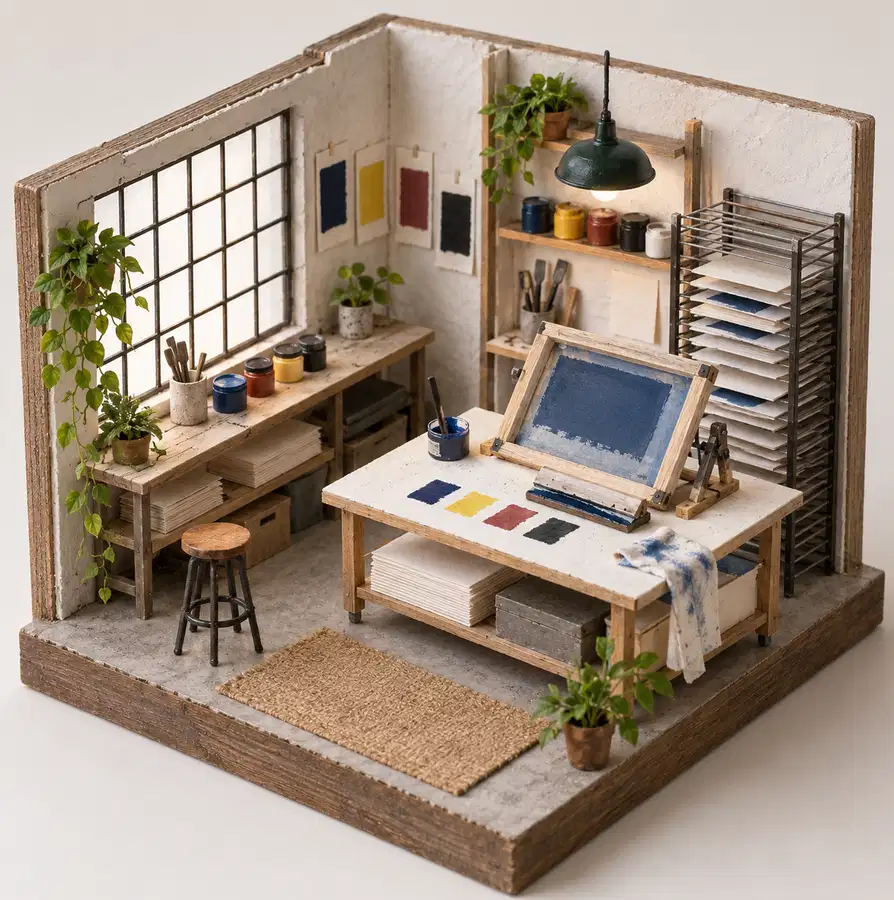 Illustration of print businesses equipment and workspace